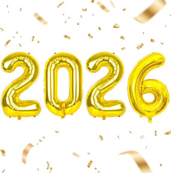 Gold Foil 2026 Balloons-40inch with Glue Dot and Ribbon, Gold Number Balloons for New Years Eve Party Supplies, Class of 2026 Decorations, Graduation Decorations 2026