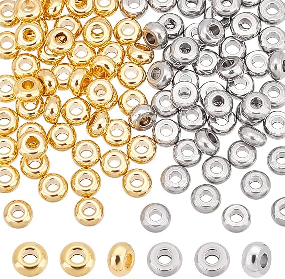 UNICRAFTALE 100pcs 2 Colors 4mm Tiny Flat Round Spacer Beads Stainless Steel Beads Bead Metal Bead Smooth Beads for Jewelry Making Findings Golden and Stainless Steel Color