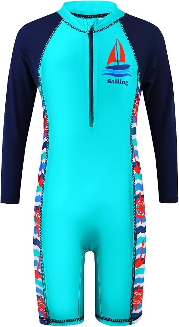 TFJH E Boys Long Sleeve One Piece Swimsuit UPF 50+ Front Zipper Rash Guard for Beach, Ages 2-12