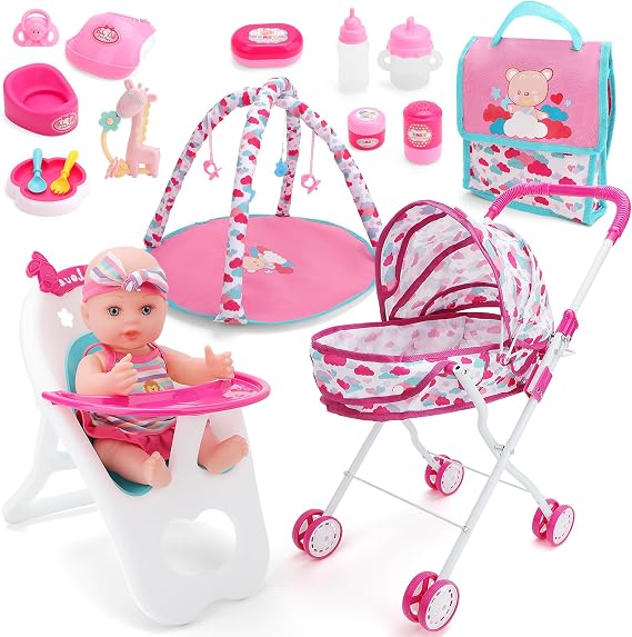 deAO Baby Doll Stroller Nursery Pretend Play Toy Accessory Set,4-in-1