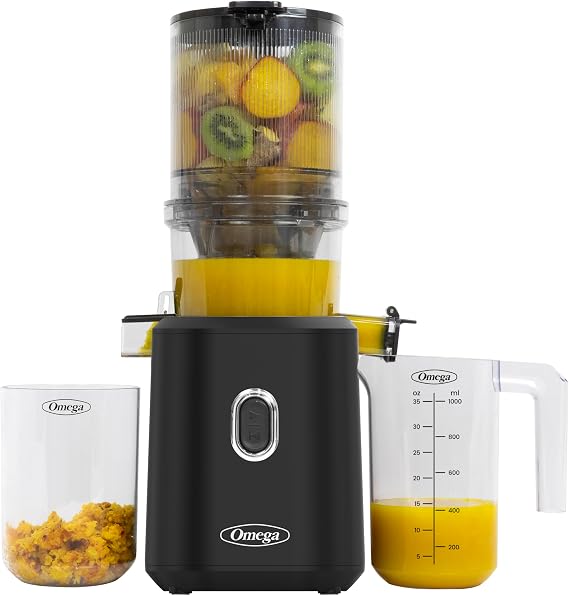 Omega Cold Press Juicer Hands Free Juicer Machine for Vegetables and Fruits with Wide Mouth Hopper for Whole Recipe Juicing, Slow Masticating, Time Saving Series, Easy to Clean, 150-Watt Motor
