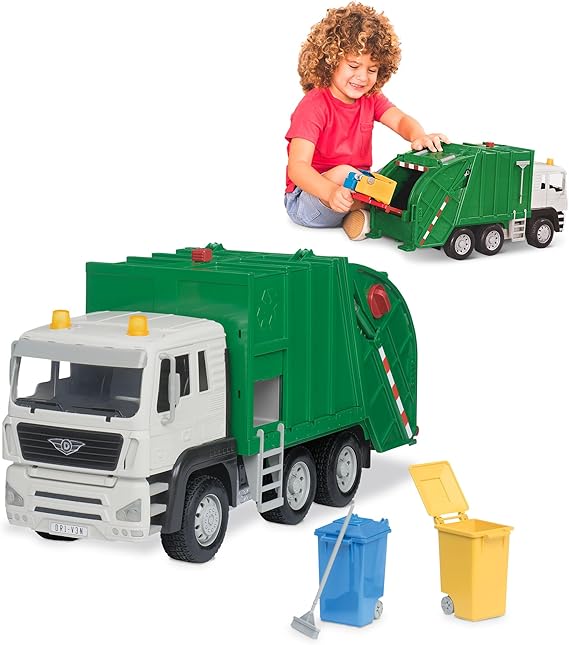Driven by Battat - Large 18-Inch Green Recycling Truck Toy for Kids Lights & Sounds, Movable Rear Loader & Bins City Sanitation Vehicle 3+ Years