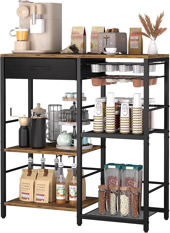 Coffee Bar with Integrated Storage,5-Tier Coffee Bar Cabinet with Drawers,Kitchen Coffee Bar Table with 2-Layer Capsule Drawer,for Living Room and Corner Kitchen Bar Table,Vintage Brown