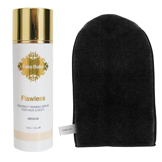 Fake Bake Flawless Coconut Sunless Tanning Serum with Hyaluronic Acid & Professional Mitt Lightweight Gradual Self Tanner for Face & Body, Hydrating Coconut Formula with Reusable Mitt 5 oz