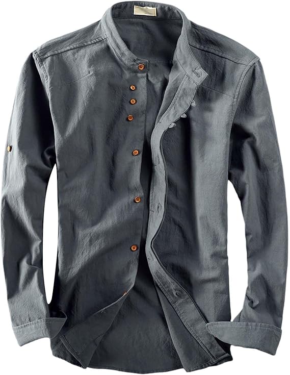HJINGSUN Men's Linen Shirts Long Sleeve Retro Chinese Style Banded Collar Shirt Button Down Tops Breathable Summer Clothes