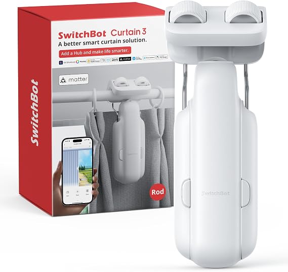 SwitchBot Smart Automatic Curtain Opener for Curtain Rods, Bluetooth App & Timer Control, Quiet Motor for Heavy Curtains (33 lbs), Works with Alexa, Google Home & Apple Home (Hub Required)