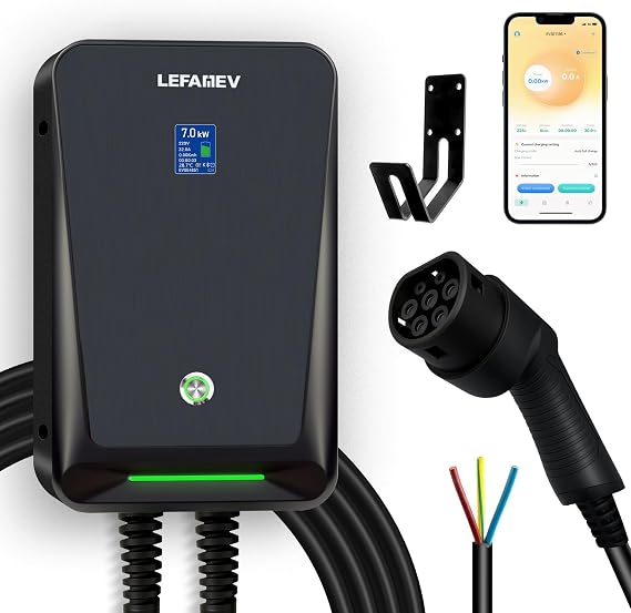 7kW EV Ladegerät mit APP Typ 2 32A Heim Elektroauto Ladestationmit LCD-Anzeige [ IEC62196-2 6m 6A-32A ] IP67 Wallbox mit 6M Ladekabel für 7KW Allen Elektrofahrzeugen EV