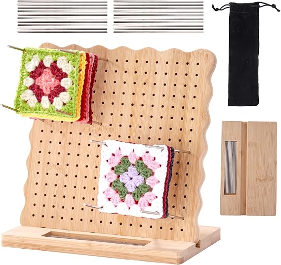 9.25 in Blocking Board for Crochet Projects, Granny Square Blocking Board with 20 Stainless Steel Pegs, Bamboo