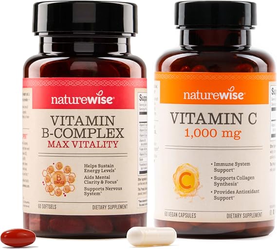 NatureWise B Complex Vitamins with Folic Acid 60 Count + Extra Strength Vitamin C 1000mg Capsules 60 Count - Bundle for Immune, Energy Levels, Heart Health Support - Soy, Dairy, Gluten Free, Non-GMO