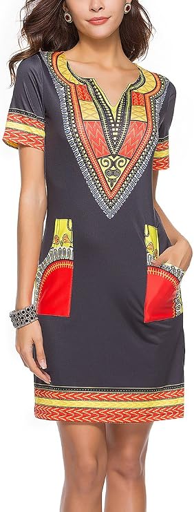 FOURSTEEDS Womens Short Sleeve Deep V Neck Bohemian Printed Ethnic Style Summer Dress with Pocket