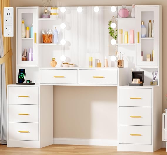 150cm Large Dressing Table with Mirror,10 LED Lights,Power Outlet | White Makeup Vanity Desk with Power Outlet and 8 Drawers 8 Storage Shelves Modern Vanity Table for Girl Women Bedroom YBDT97W