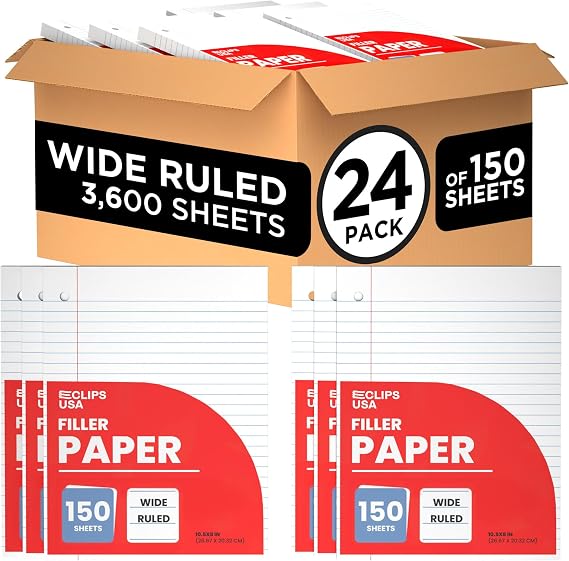 Wide Ruled Loose Leaf Paper Wide Ruled Notebook Paper Lined Writing Filler Paper 10.5 x 8 56 gsm 3600 Sheets 150 Sheet Per Pack (24 Pack)