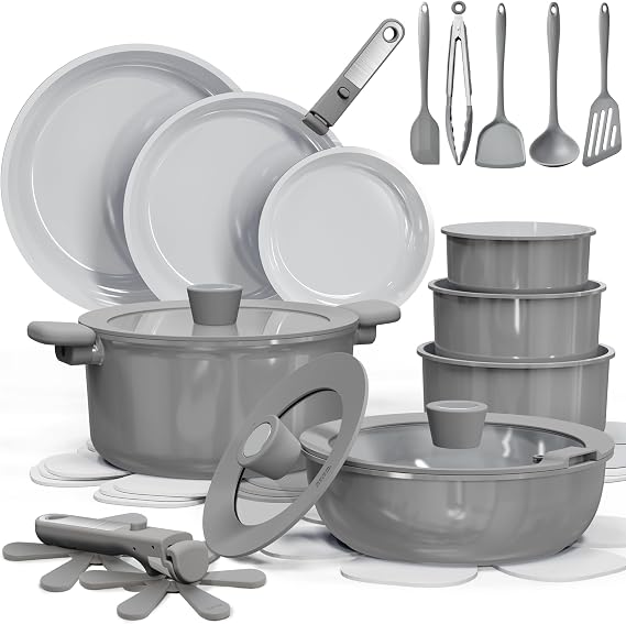 CAROTE 27pcs Ceramic Cookware Set Nonstick, Pots and Pans Set Non Stick, Non Toxic Cookware Detachable Handles, Dishwasher/Oven Safe, RV/Camping Cookware with Kitchen Utensils, Gray