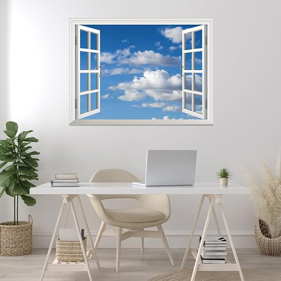 wall26 Wall Sticker Blue Sky with White Clouds Open Window Wall Mural, Not Peel and Stick, Non-Woven Wallpaper Decorative for Bedroom, Living Room, Office - 36"x48"