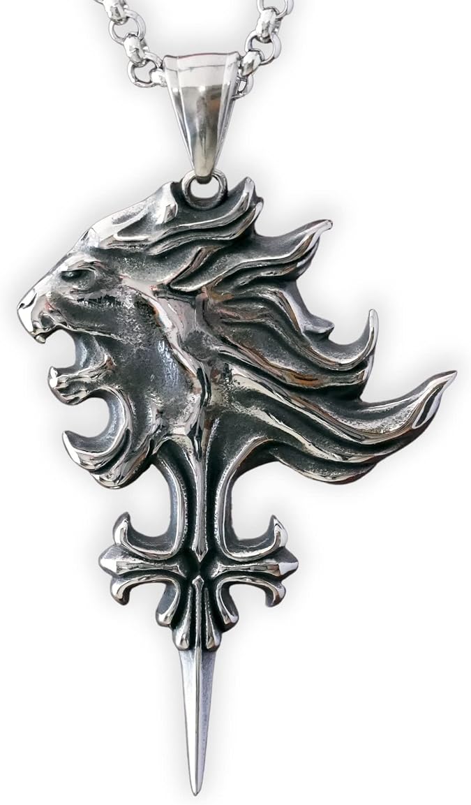Baldur Jewelry Lion Cross Necklace, Stainless Steel Fantasy Pendant