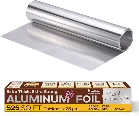 Katbite Aluminum Foil Heavy Duty 17.7 Inch Wide, 25 Micron Thick Strong Heavy Duty Foil Aluminum Roll Wrap for Commercial Catering, Grilling, Roasting, Baking, Home Cooking, 17.7"x525s.f | Wide, Thick Strong Tin Foil with Built-In Cutter for Cooking, Catering, Grilling, Roasting and Baking