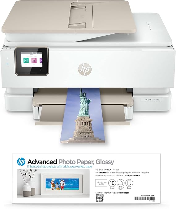 HP Envy Inspire 7955e Wireless Color All-in-One Printer with Bonus 6 Months Instant Ink with HP+ (1W2Y8A) and Advance Photo Paper,-Glossy, 4x12 in, 10 Sheets (49V51A)