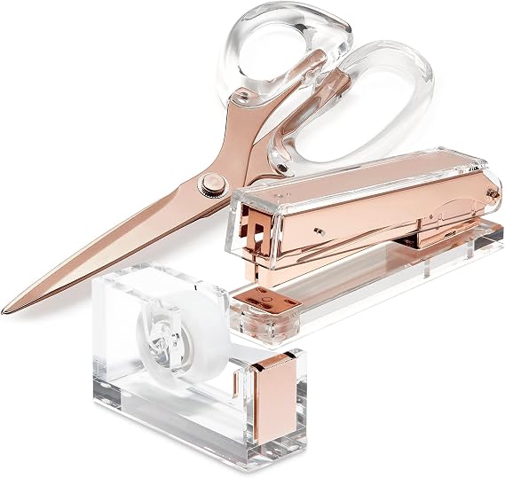 Office Goods - Rose Gold Office Supplies Set - Acrylic Tape Dispenser, Acrylic Stapler, and 9 Stainless Steel Acrylic Scissors, for Office Desk, School, or Crafts