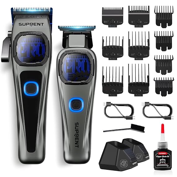 SUPRENT Professional Hair Clippers for Men - Barber Clippers & Zero-gapped Trimmer Combo with Charging Stand, Up to 10000 RPM Max Motor Speed, Blue Titanium-Coated Blades (Gray)