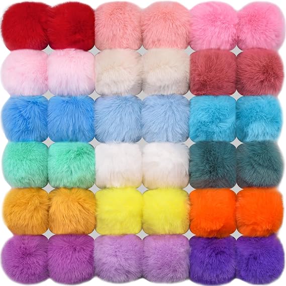 BQTQ 36 Pcs Faux Fur Pom Poms DIY Hat Pompoms with Elastic Loop (Bright)