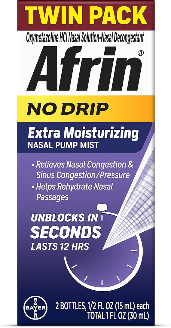Afrin No Drip Extra Moisturizing Nasal Mist Twin Pack, Non-Drowsy, Fast-Acting Decongestant for Sinus Pressure and Dry Nasal Passages, Adults and Children 6 and Older, .5 fl oz (Pack of 2)