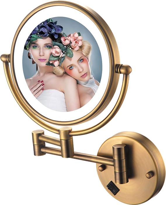 Wall Mounted Makeup Mirror Hardwired 7X, Cosmetic Mirror with Light and Magnification, 8 Inch LED Bathroom Vanity Double Sided Mirror 360 Swivel with Retractable and Folding Arm Antique Copper