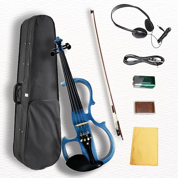 Electric Violin, 4/4 Full Size Silent Violin Fiddle with Ebony Fittings, Metallic Varnish Violin Kit for Beginners Students (Metallic Blue)