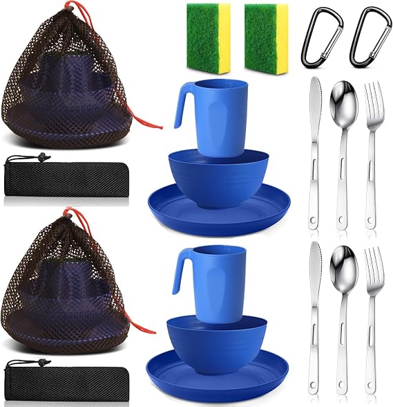 Scout Camping Mess Kit for Person Boy Scout Dishes Set Girl Scout Mess Kit with Mesh Bag Reusable Light Weight Eating Utensils Plastic Camping Cutlery Set for Travel Camp