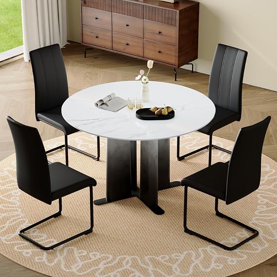 47.3 Inch Round Dining Room Table Set for 4, 5-Piece Marble-Look Modern Kitchen Table with 4 Padded PU Leather Chairs, Spliced Top & Unique Pedestal Base for Apartment, Space-Saving White
