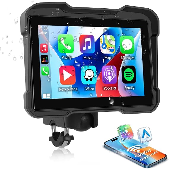 CarPlay Screen for Motorcycle, Wireless CarPlay and Android Auto, 5 inch IPS Waterproof Portable Radio with AirPlay, Mirror Link, Bluetooth, EQ, TF Port