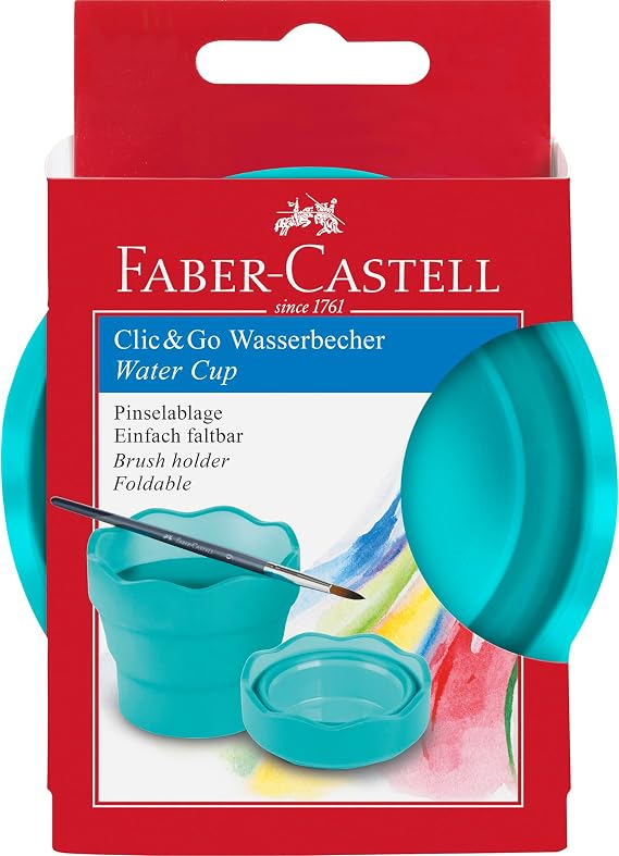 Faber-Castell Clic & Go Portable Paint Water Cup with Brush Holder, Turquoise - Collapsible Paint Brush Cleaner Rinse Cup, Travel Friendly Painting Accessories