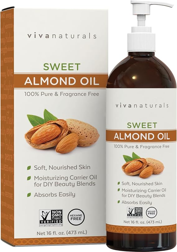 Viva Naturals Sweet Almond Oil, 16 fl. oz Skin & Hair Moisturizer, Body & Massage Oil, Carrier Oil for Essential Oils, Non-Greasy & Pure