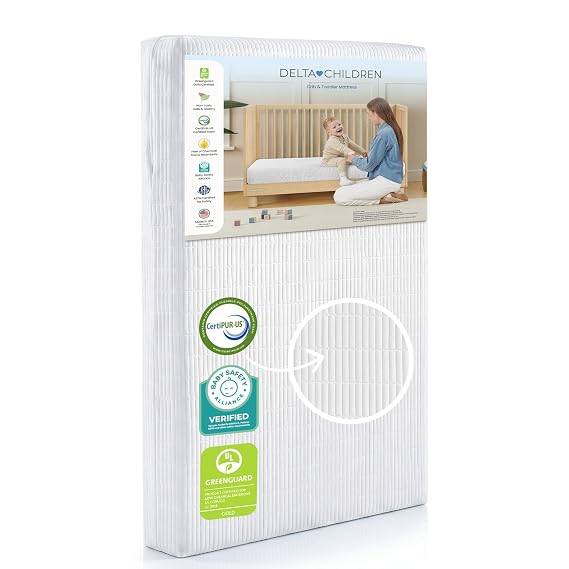 Delta Children Sweet Beginnings Dual Sided Baby Crib Mattress and Toddler Mattress, GREENGUARD Gold and CertiPUR-US Certified, Firm Plant-Based Foam, Waterproof, Made in USA, White