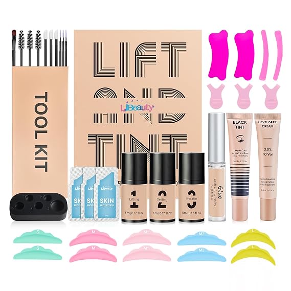 Libeauty Airless Pump Lash Lift and Black Color Kit, 4-in-1 Brow Lamination Kit with Lash Lift Ribbon, Eyelash Perm DIY Kit, Natural Black Color Gentle Formula with Salon Grade for Home Use