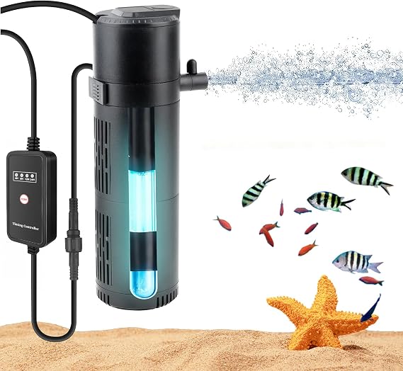 Internal UV Fish Tank Filter with UV Light, 5-in-1 Aquarium Filter Pump, Timer Controller and Visible UV Window, Multi-Mode Filtration System for Freshwater & Saltwater, 80-267L Aquariums (800L)