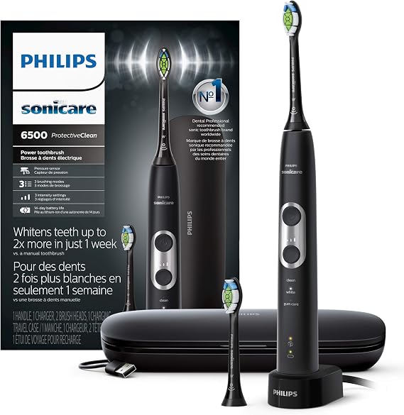 Philips Sonicare ProtectiveClean 6500 Rechargeable Electric Toothbrush | 700% More Plaque Removal1, Pressure Sensor, 6 Brush Settings, 14-Day Battery, 2 Brush Heads, Travel Case, Black, HX6462/08