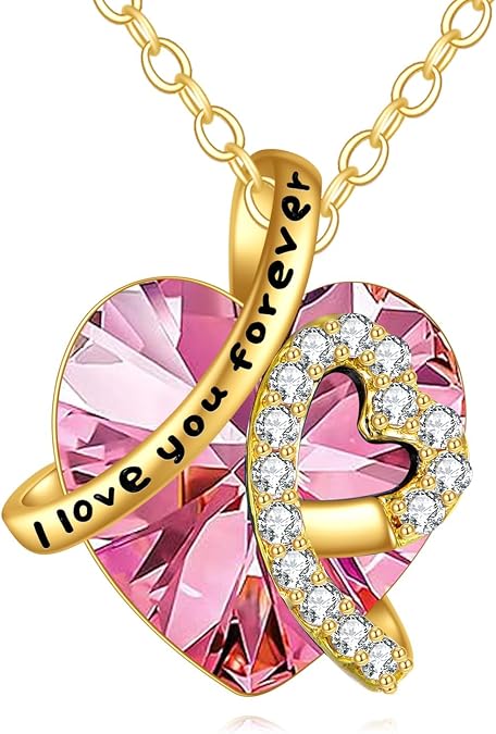 KECHO 14K Real Gold I Love You Forever Necklace Solid Yellow Gold Heart Birthstone Crystal Pendant Jewelry Birthday Mother's Day Anniversary Christmas Gifts for Women