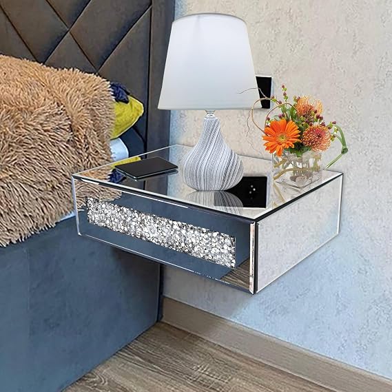 Mirrored Floating Bedside Nightstand with Drawer, Wall Mounted Silver Glass Crystal Diamond Bling Decoration Organizer for Bedroom, Living Room, Small Space, 14.5"11.5"4.5"