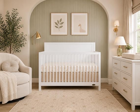 Dream On Me Dillian 5-in-1 Convertible Full-Size Baby Crib in White, GreenGuard Gold & JPMA, Converts to Toddler, Day & Full-Size Bed 3 Mattress Heights, Sustainable Pinewood