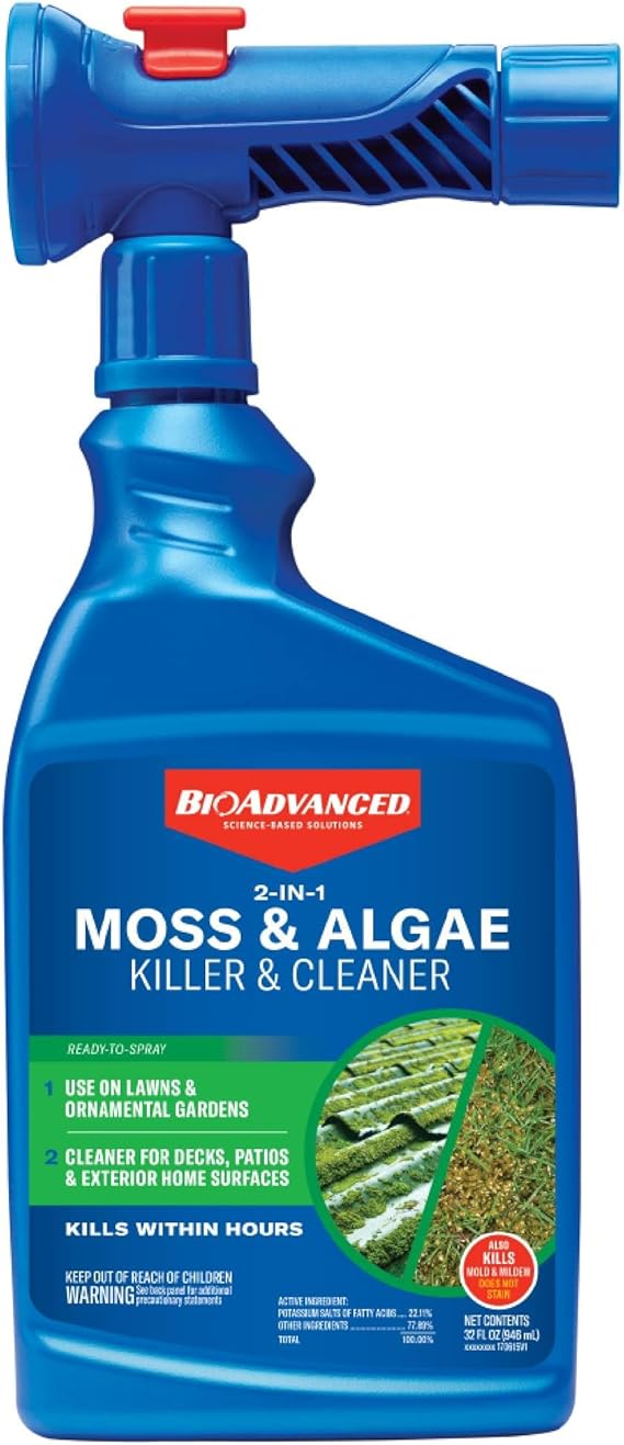 BioAdvanced 2-in-1 Moss and Algae Killer for Lawns, Moss Killer for Roofs, Patios, Decks, and Deck Cleaner, 32 oz