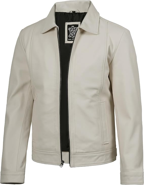 fjackets Men's Real Lambskin Leather Jacket — Shirt-Collar Moto Biker Style Year-Round Wear