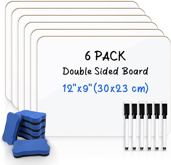 6-Pack Double Sided Small Dry Erase Board 12"x9", Blank Lap Board | Personal Mini Whiteboards with 6 Markers & Erasers, School & Office Supplies, Handheld Set, Ideal for Drawing & Math Practice