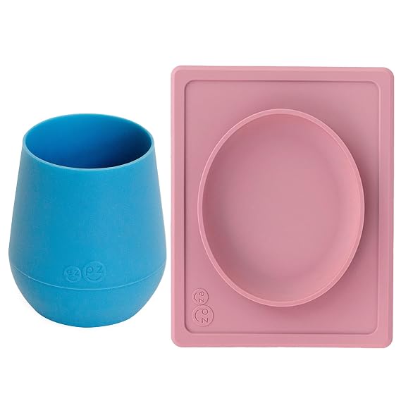 ezpz Tiny Cup (Blue) + Tiny Plate (Blush) - baby essentials cup and plate