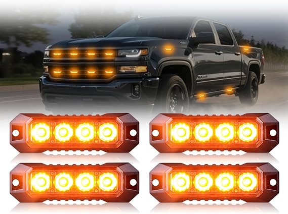 4PCS Amber Strobe Lights for Trucks, LED Emergency Strobe Grille Lights Sync Feature 12-24V Surface Mount Flashing Lights Mini Grill Hazard Warning Emergency Lights for Vehicles Cars ATV RV