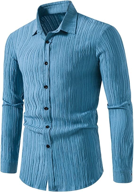 Linen Shirts for Men 2023 Casual Stylish Long Sleeve Button Down Dress T Shirt Slim Fit Wavy Striped Suit Shirt