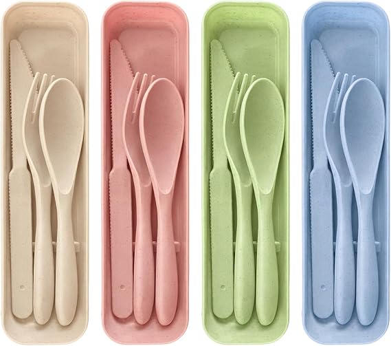 4 Pack Plastic Travel Cutlery Set with Case Reusable, Portable Lunch Cutlery Set for Kids Adults, Work School or Daily Use, Camping Picnic Cutlery 