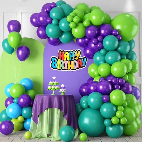 Green Purple Teal Balloon Arch Kit, Boys Birthday Party Decorations