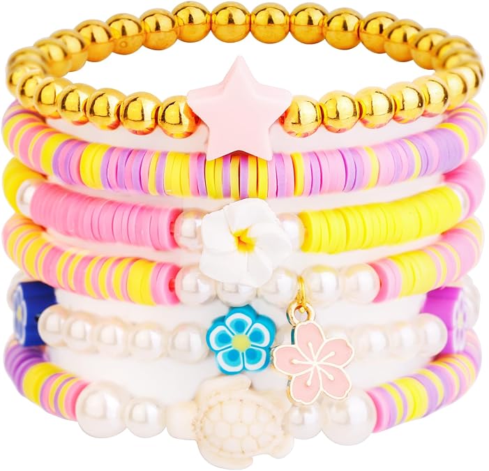6PCS Clay Bead Bracelets for Women Preppy Cute Bracelets Jewelry Set Colorful Evil Eye Polymer Pearl Beaded Stretch Bracelets Jewelry for Women...