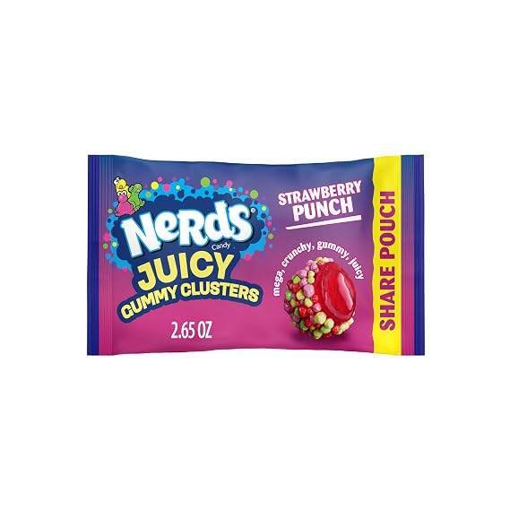 NERDS Juicy Gummy Clusters Strawberry Punch Candy, Share Pouch, 2.65 oz | Triple-texture crunchy gummy juicy, strawberry punch flavor, share pouch, on-the-go snack, lunchbox