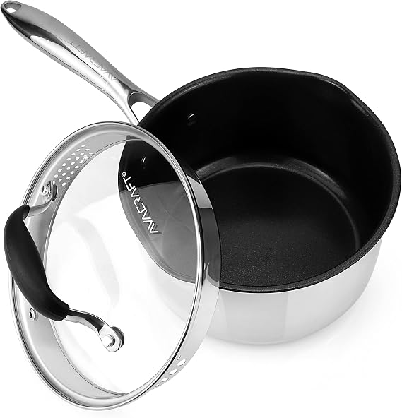 AVACRAFT 2.5 Quart Tri-Ply Ceramic Nonstick Saucepan with Strainer Lid | PFAS-Free Ceramic Coating, Full Tri-Ply Body, Tempered Glass Strainer Lid, Drip-Free Pour Spouts, Induction Compatible